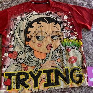Red Short-Sleeve Graphic Tee - 'TRYING' Cartoon Design